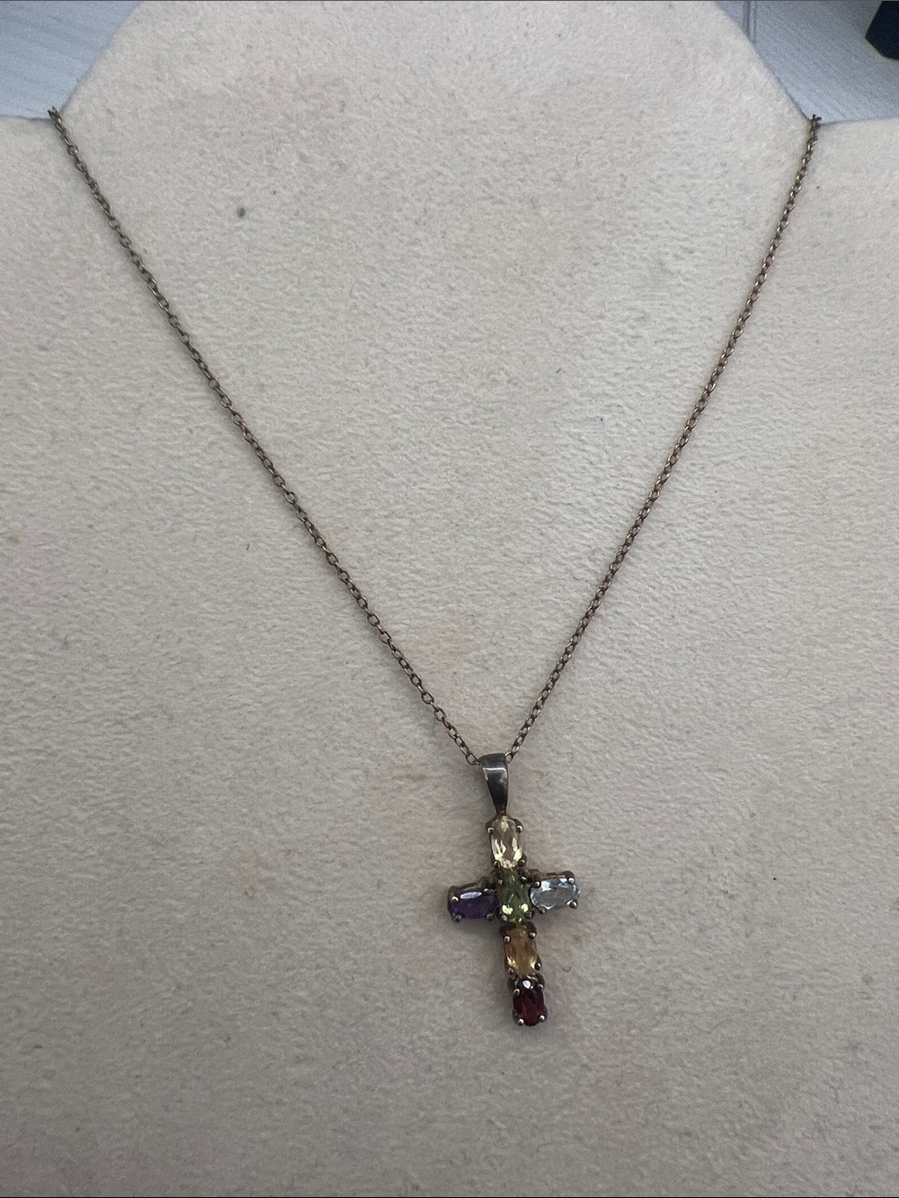 Multicolor Gemstone Cross Necklace - sterling Silver